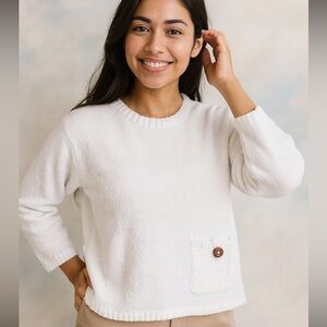 LuLu-B Women’s White Chenille Pocket Pullover Sweater – Size M